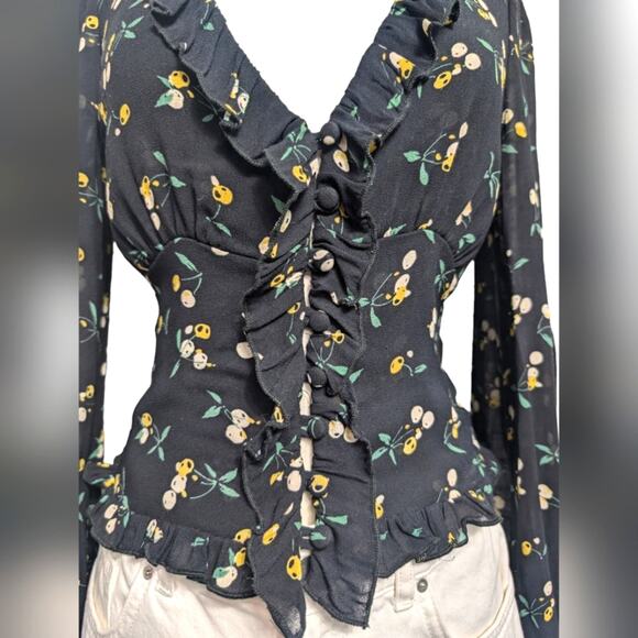 Free People Lemon Flower Printed Blouse Size XS - Picture 7 of 10